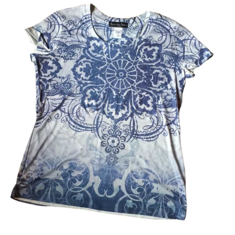 5/$25 APPROPRIATE BEHAVIOR Mandala Rhinestone Short Sleeve Graphic Tee Blue Med - Picture 2 of 10
